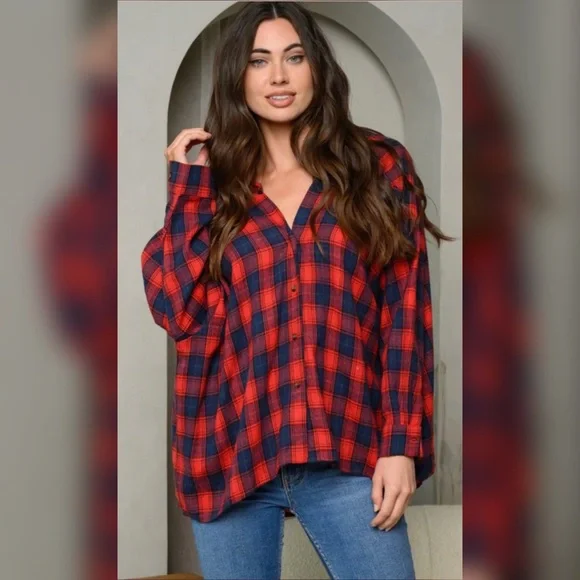 RED LONG SLEEVE BUTTON UP PLAID FLANNEL - Picture 2 of 4